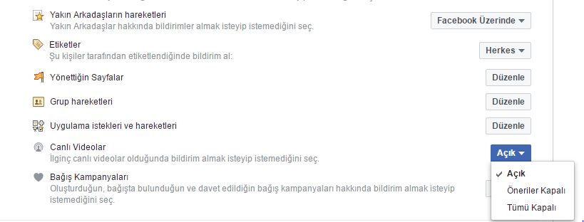 facebook canlı yayın bildirim ayarları