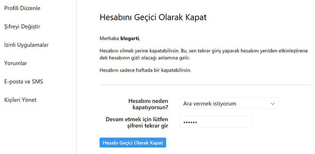 Instagram hesabını geçici kapatma