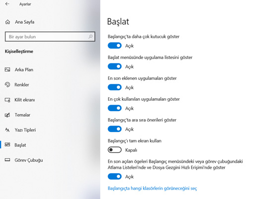 windows 10 başlat menüsü ayarlar